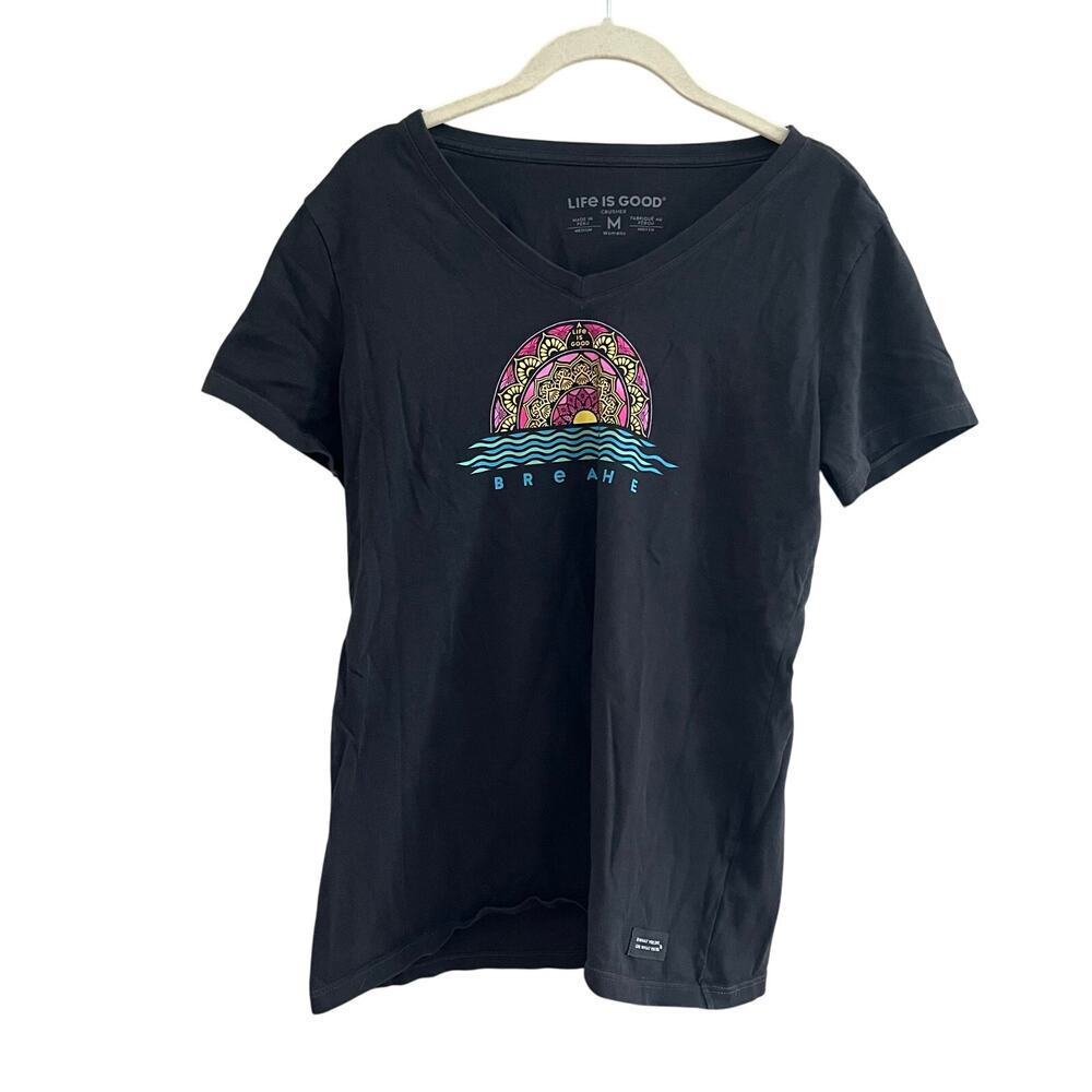 Life is Good Womens T-shirt Gray Charcoal Mandala Breather V-Neck-M